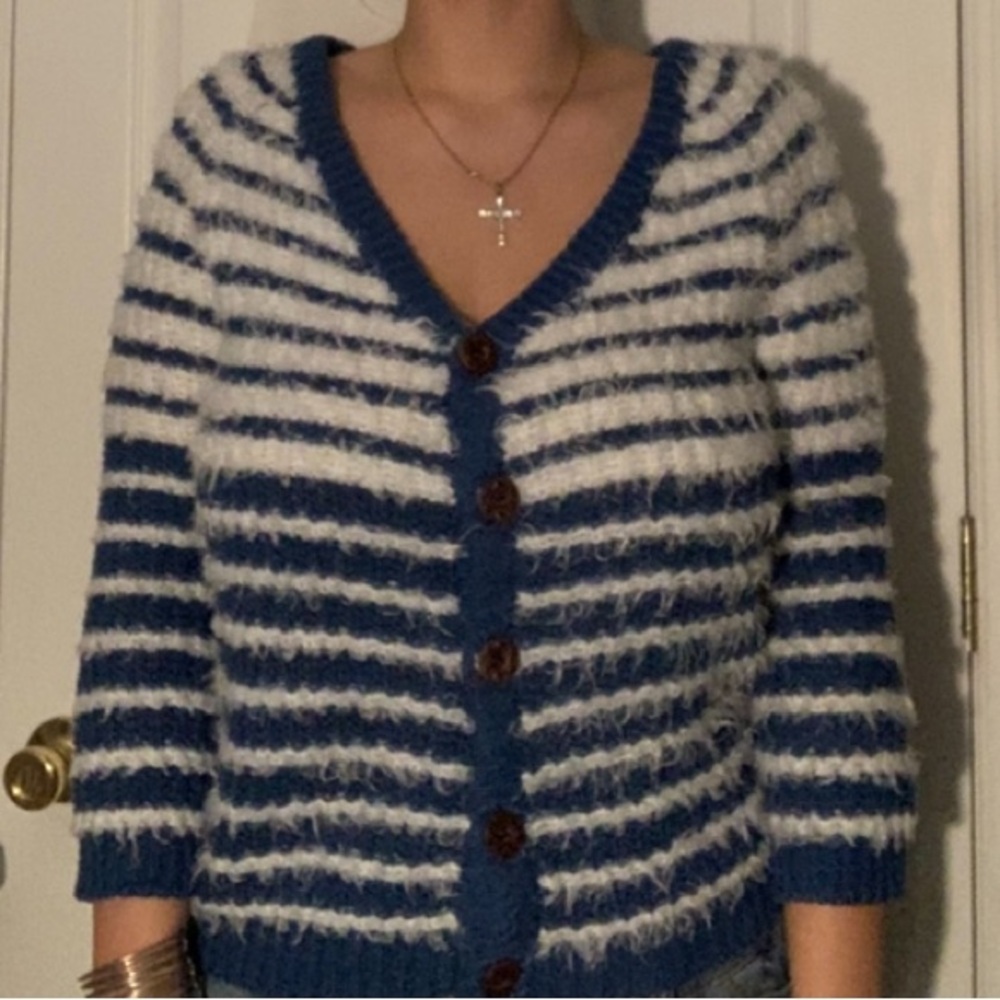 Solution Navy and White Striped Cardigan